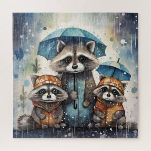Cute Raccoons in the Rain Jigsaw Puzzle