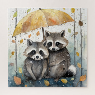 Cute Raccoons in the Rain Jigsaw Puzzle