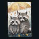 Cute Raccoons in the Rain Kitchen Towel<br><div class="desc">Cute Raccoons in the Rain holding an umbrella</div>
