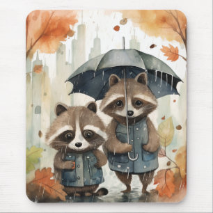 Cute Raccoons in the Rain Mouse Pad