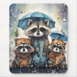 Cute Raccoons in the Rain Mouse Pad