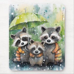 Cute Raccoons in the Rain Mouse Pad