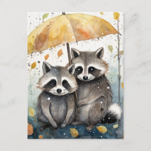 Cute Raccoons in the Rain Postcard
