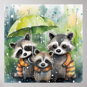 Cute Raccoons in the Rain Poster