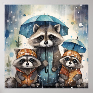 Cute Raccoons in the Rain Poster