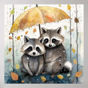 Cute Raccoons in the Rain Poster