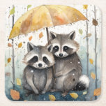 Cute Raccoons in the Rain Square Paper Coaster<br><div class="desc">Cute Raccoons in the Rain holding an umbrella</div>
