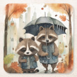 Cute Raccoons in the Rain Square Paper Coaster<br><div class="desc">Cute Raccoons in the Rain holding an umbrella</div>