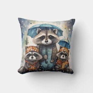 Cute Raccoons in the Rain Throw Pillow