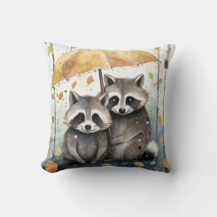 Cute Raccoons in the Rain Throw Pillow