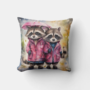 Cute Raccoons in the Rain Throw Pillow