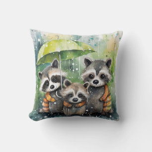 Cute Raccoons in the Rain Throw Pillow