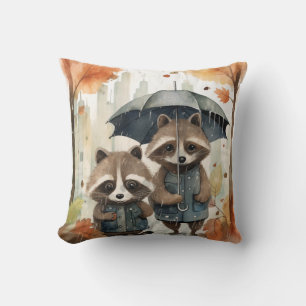 Cute Raccoons in the Rain Throw Pillow