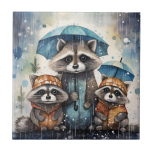 Cute Raccoons in the Rain Tile