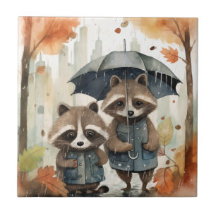 Cute Raccoons in the Rain Tile