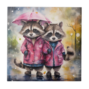 Cute Raccoons in the Rain Tile