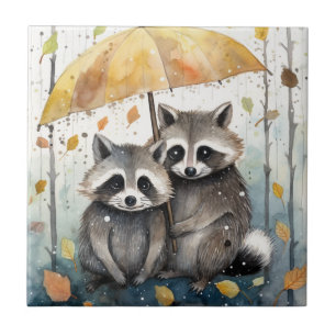 Cute Raccoons in the Rain Tile