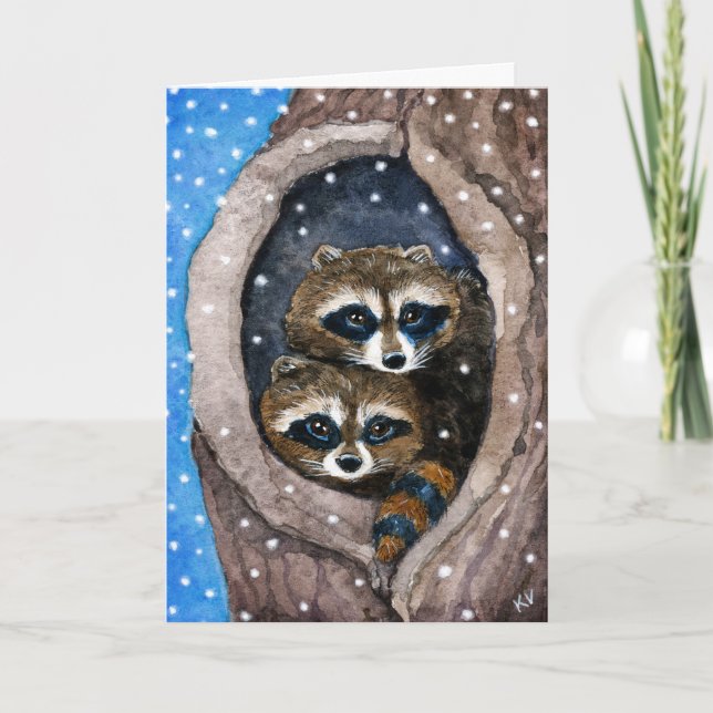 Cute Raccoons neige Carte d'hiver Noël (Devant)
