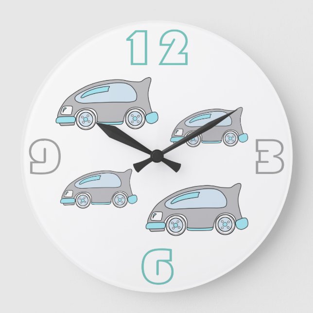Cute Race Car Blue Drawing Boys Nursery Wall Clock (Front)