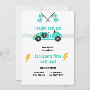 Cute Race Car Kids Blue Any Age Birthday Party Invitation