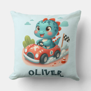 Cute Racer Dino Driving a Fast Car Throw Pillow