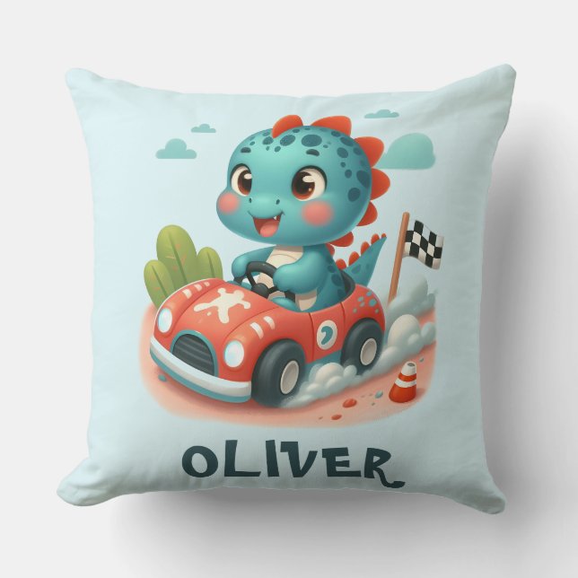 Cute Racer Dino Driving a Fast Car Throw Pillow (Front)
