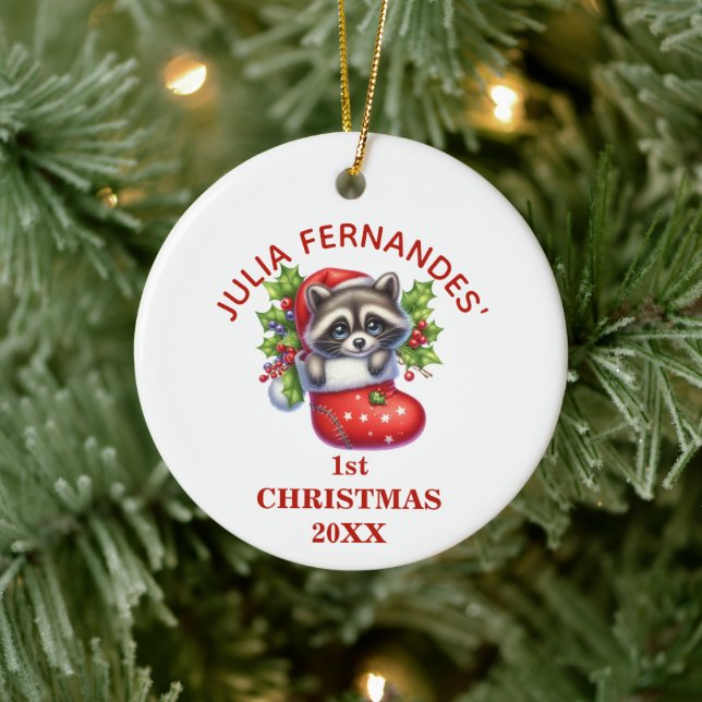 Cute Racoon First Christmas Personalized Ceramic Ornament (Tree)