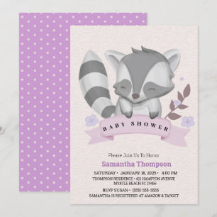 Cute Racoon Girls Purple  Baby Shower  Invitation
