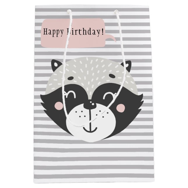 Cute Racoon Grey Striped Kids Birthdayn Gift Bag (Front)
