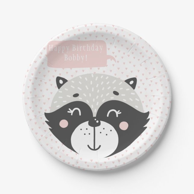 Cute Racoon | Personalized Birthday Paper Plates (Front)