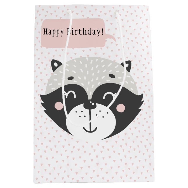 Cute Racoon - Pink Confetti Kids Birthday Gift Bag (Front)