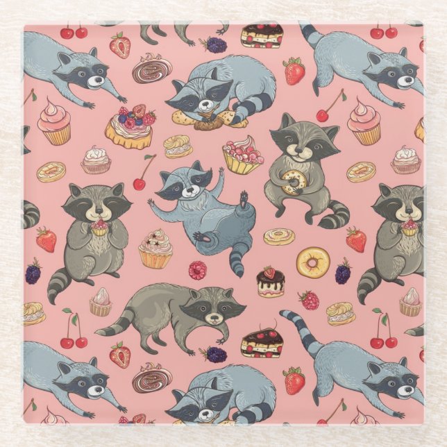Cute Racoons Glass Coaster (Front)