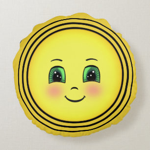 Cute Radiant Sun Happy Face Emoji Round Pillow