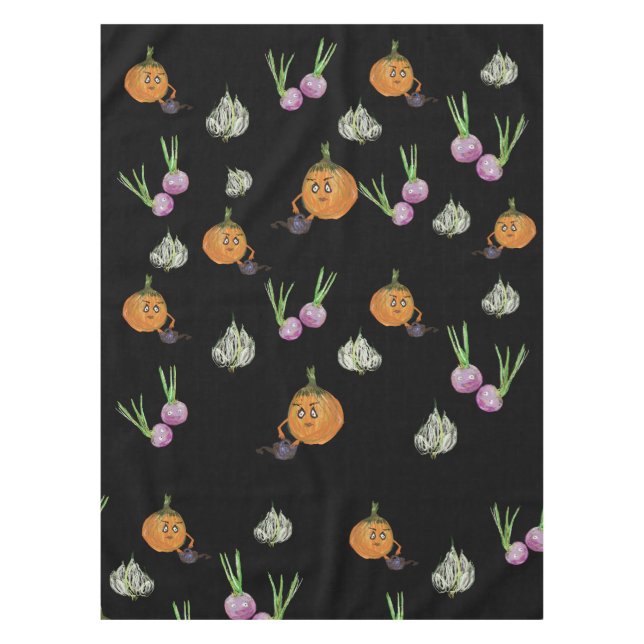 Cute radishes , onions and garlic. tablecloth (Front)