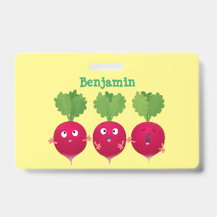 Cute radishes singing trio cartoon vegetables badge