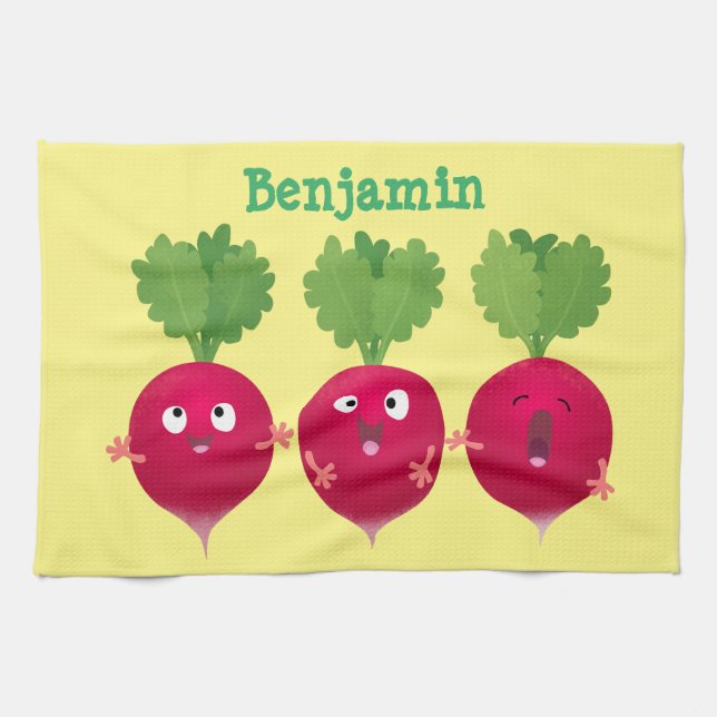 Cute radishes singing trio cartoon vegetables kitchen towel (Horizontal)