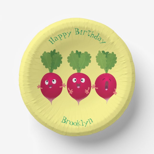 Cute radishes singing trio cartoon vegetables paper plate (Front)