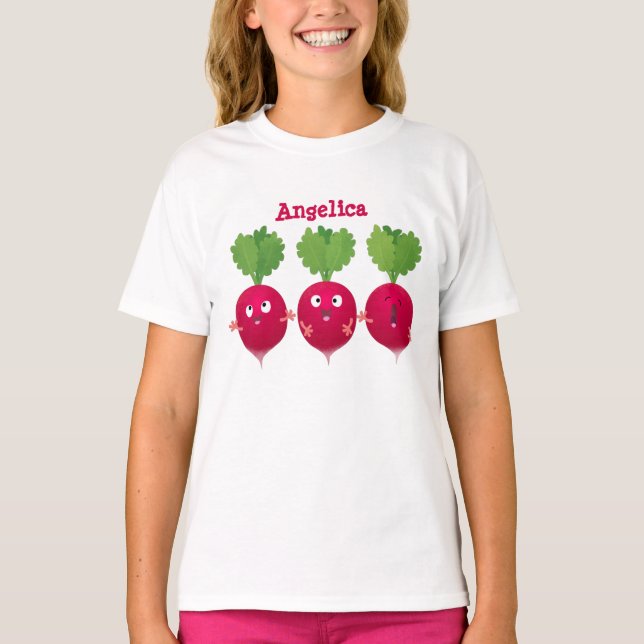 Cute radishes singing trio cartoon vegetables T-Shirt (Front)