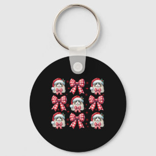 Cute Ragdoll Cat Red Plaid Coquette Bow Christmas Keychain