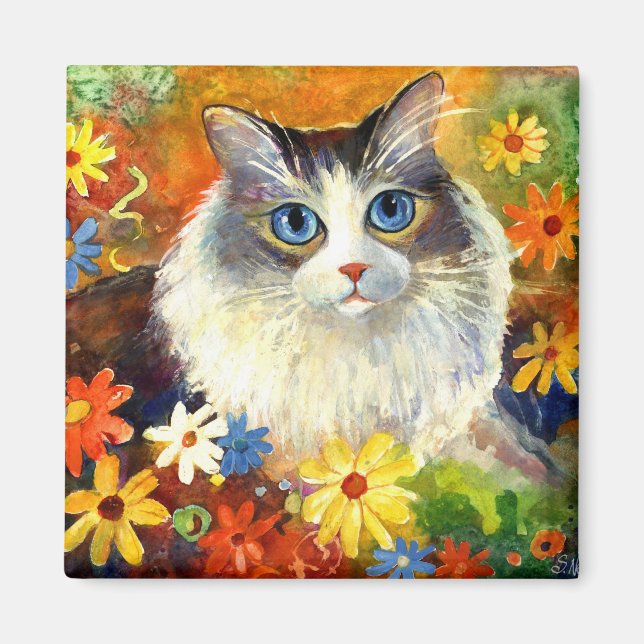 Cute Ragdoll Cat with flowers Magnet (Front)