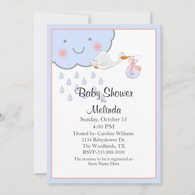 Cute Rain Cloud and Stork Baby Shower Invitation (Front)