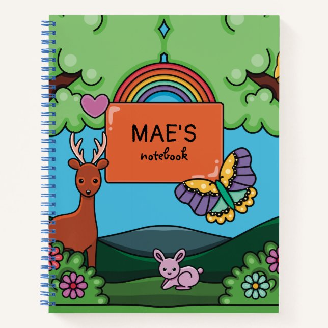 Cute Rainbow and Butterfly Personalized Girls Notebook (Front)