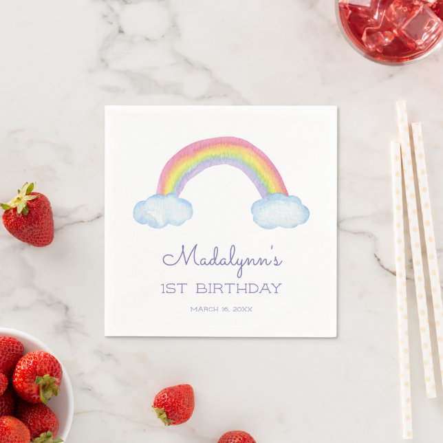 Cute Rainbow and Clouds With Purple Birthday Napkin (Insitu)