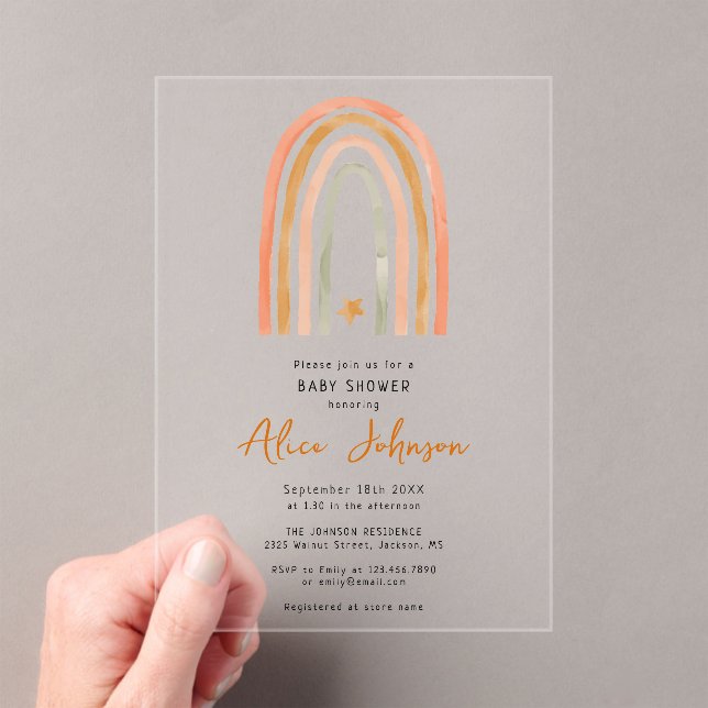 Cute Rainbow And Star Boho Baby Shower Acrylic Invitations (Insitu (Handheld))