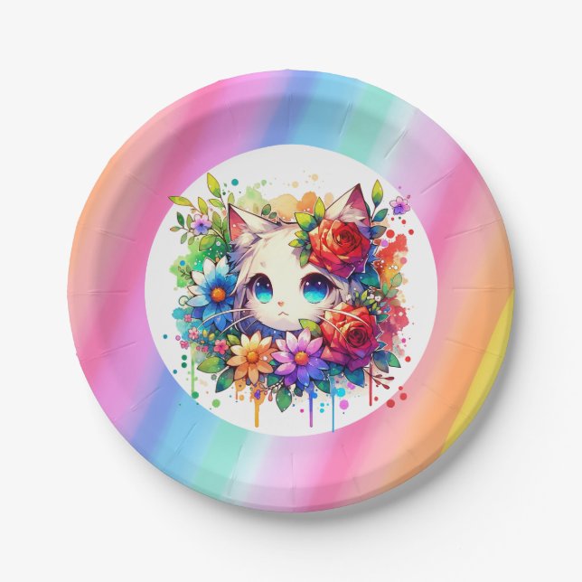 Cute Rainbow Anime Cat Birthday Cake Personalized Paper Plate (Front)