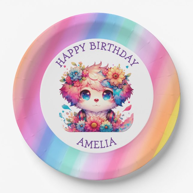 Cute Rainbow Anime Dog Birthday Cake Personalized Paper Plate (Front)