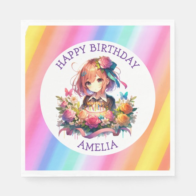 Cute Rainbow Anime Girl Birthday Cake Personalized Napkin (Front)