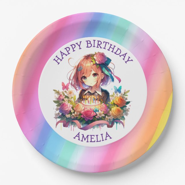 Cute Rainbow Anime Girl Birthday Cake Personalized Paper Plate (Front)