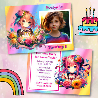 Cute Rainbow Anime Girl's Birthday Party Invitation