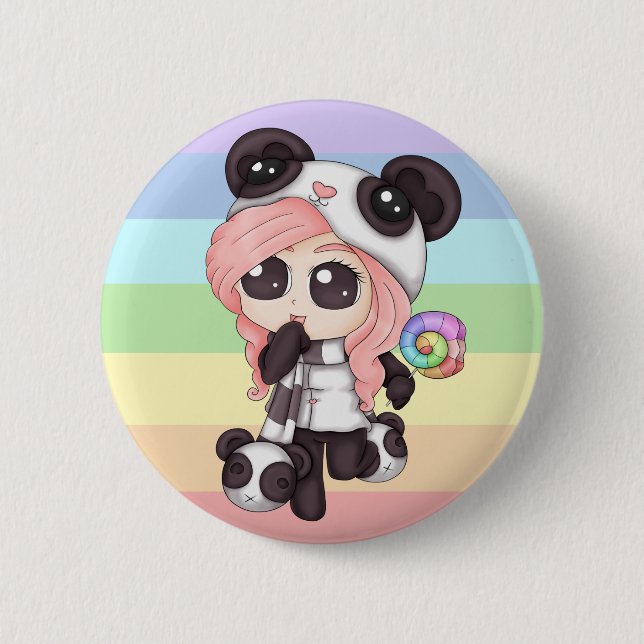 Cute Rainbow Anime Panda Girl 2 Inch Round Button (Front)